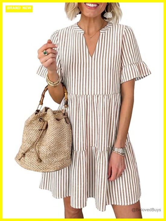 Dresses & Skirts - Striped V Neck Ruffle Sleeve A Line Tiered Flowy Mini Dress with Pockets